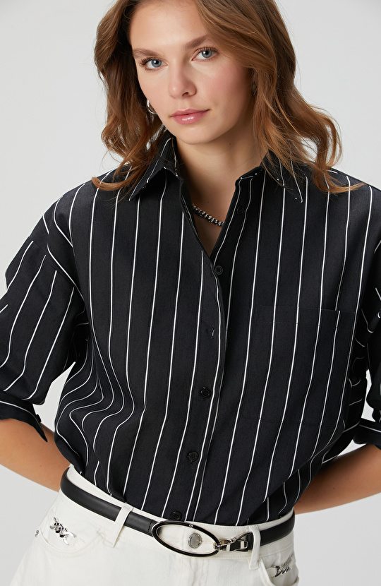 Siyah Beyaz Çizgili Keten Karışımlı Gömlek