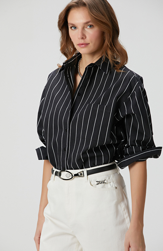 Siyah Beyaz Çizgili Keten Karışımlı Gömlek