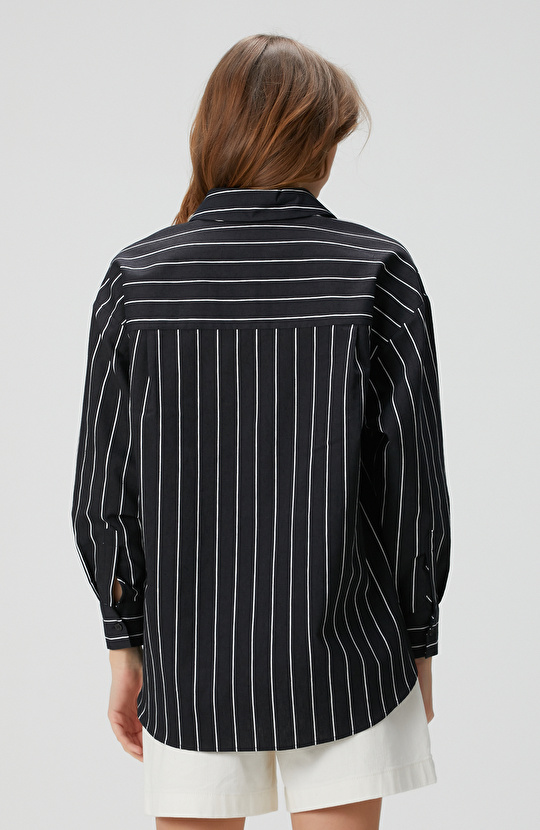 Siyah Beyaz Çizgili Keten Karışımlı Gömlek