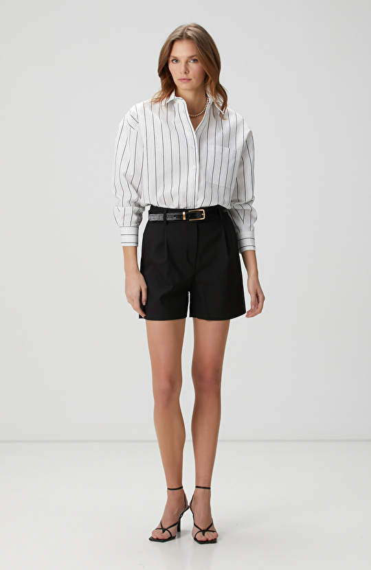 Beyaz Siyah Çizgili Keten Karışımlı Gömlek