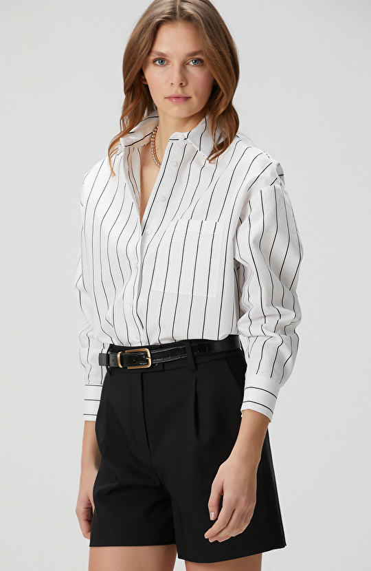 Beyaz Siyah Çizgili Keten Karışımlı Gömlek