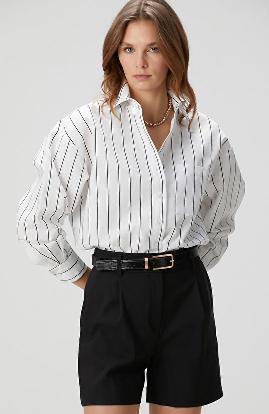 Beyaz Siyah Çizgili Keten Karışımlı Gömlek