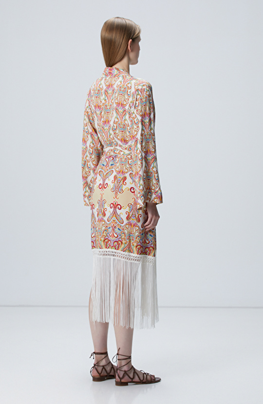 Bej Püsküllü Desenli Kaftan