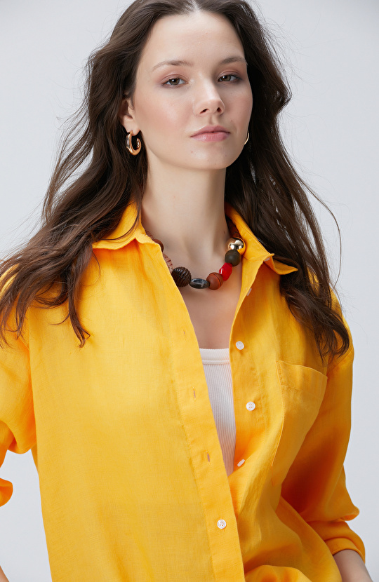 Sarı Basic Keten Gömlek