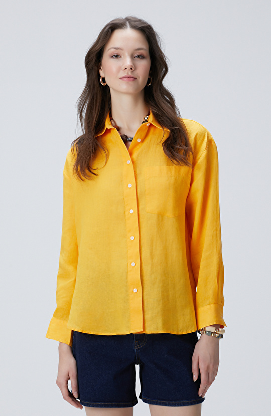 Sarı Basic Keten Gömlek