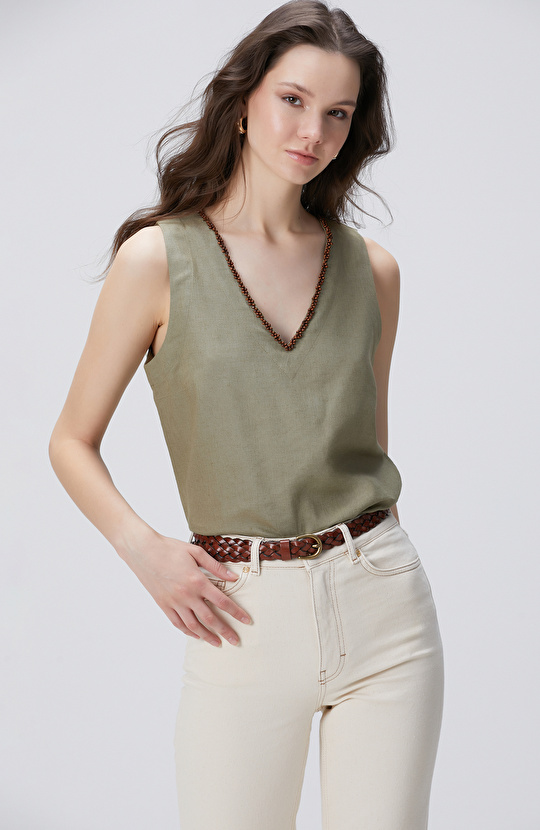 Haki Keten Karışımlı Bluz