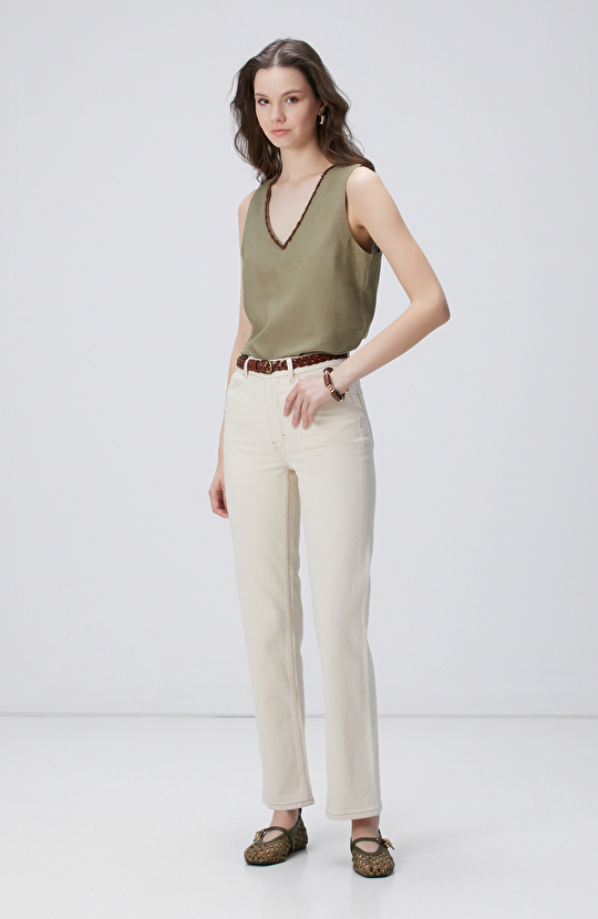 Haki Keten Karışımlı Bluz