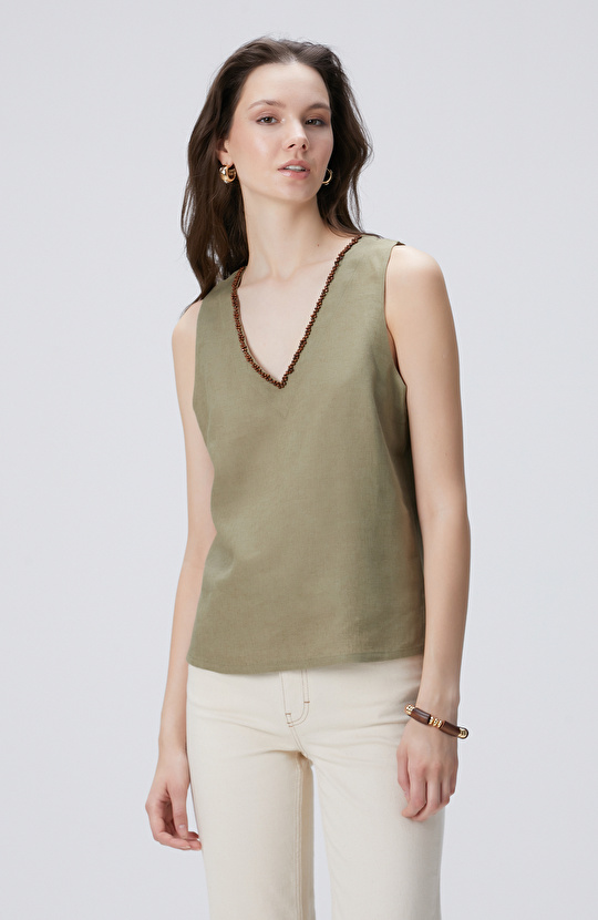 Haki Keten Karışımlı Bluz