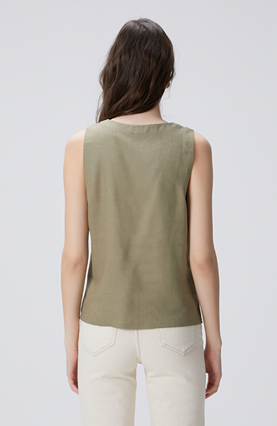 Haki Keten Karışımlı Bluz