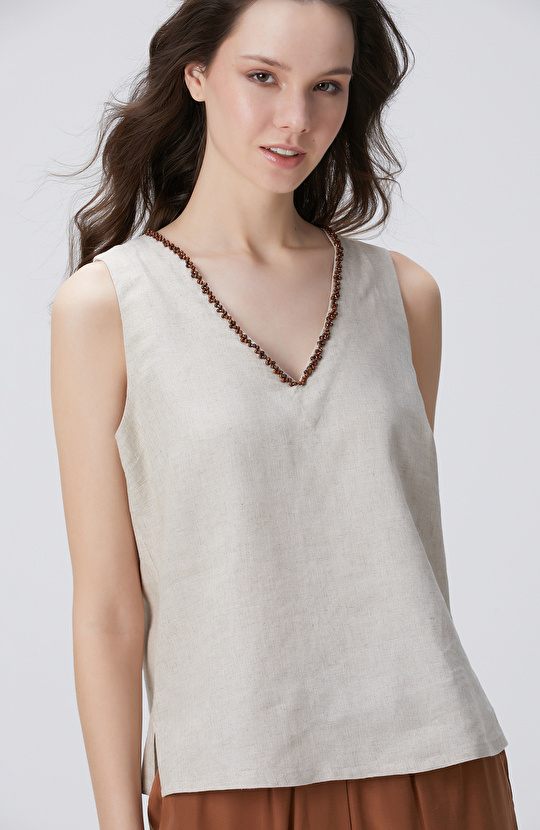 Naturel Keten Karışımlı Bluz