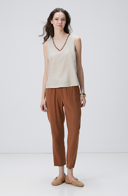 Naturel Keten Karışımlı Bluz