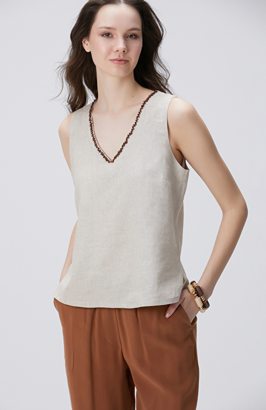 Naturel Keten Karışımlı Bluz