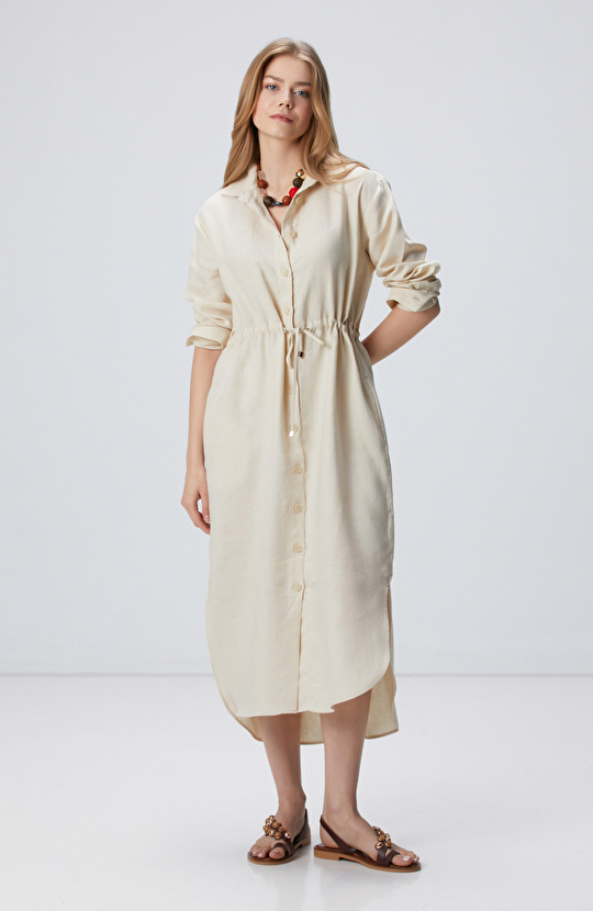 Bej Keten Gömlek Elbise