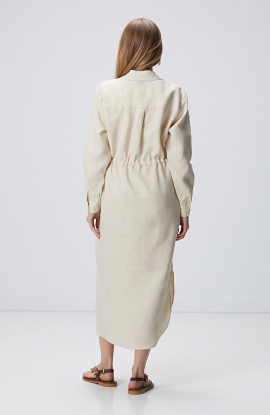 Bej Keten Gömlek Elbise