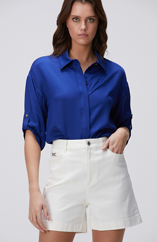 Saks Çizgi Desenli Gömlek