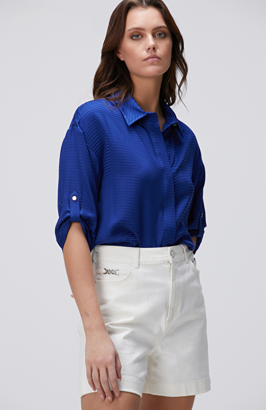 Saks Çizgi Desenli Gömlek