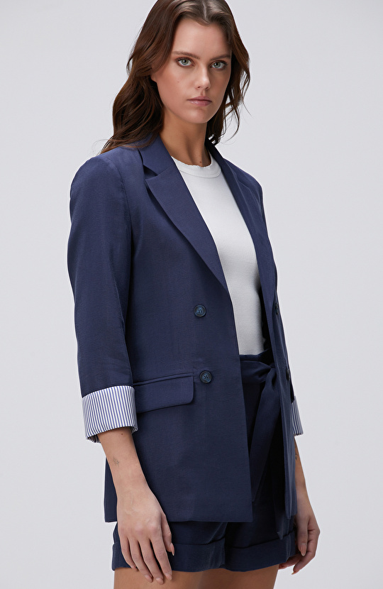 Lacivert Kol Ucu Desenli Astar Detaylı Ceket