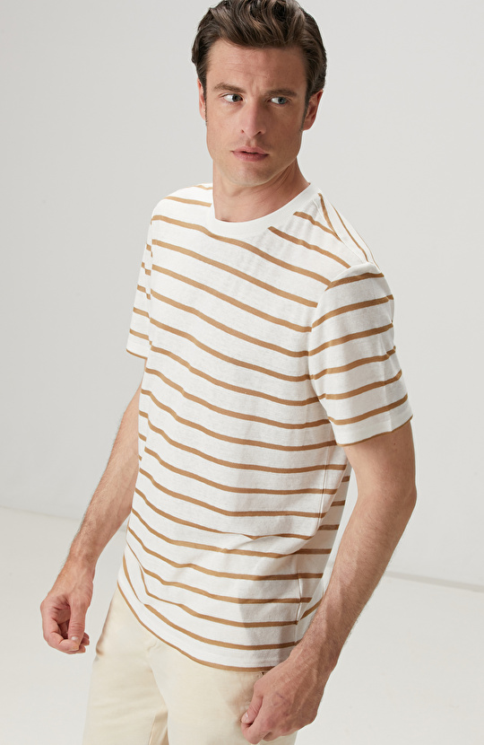 Kırık Beyaz Keten Karışımlı T-shirt