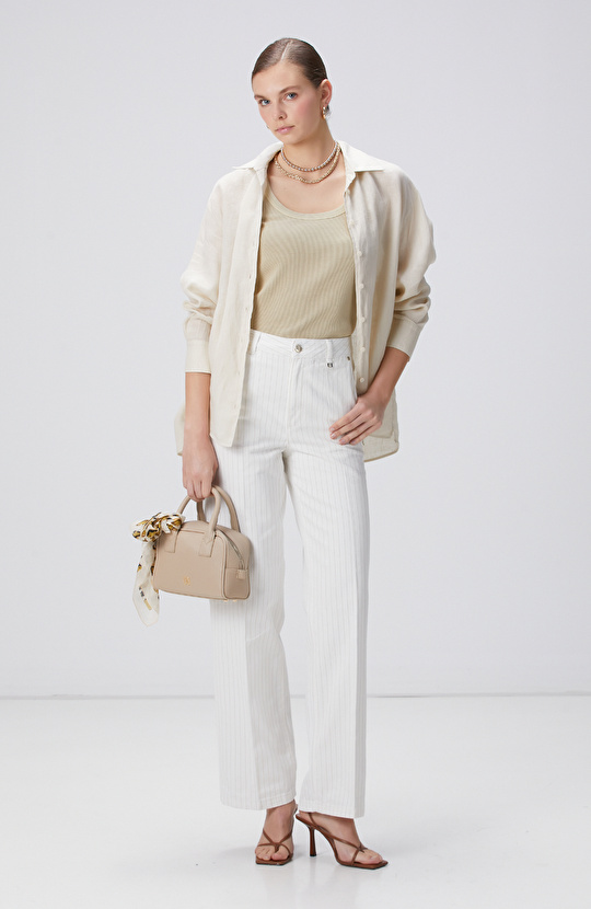 Kırık Beyaz Çizgili Denim Pantolon