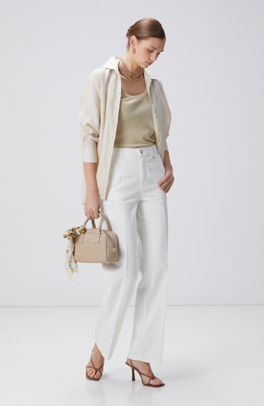 Kırık Beyaz Çizgili Denim Pantolon