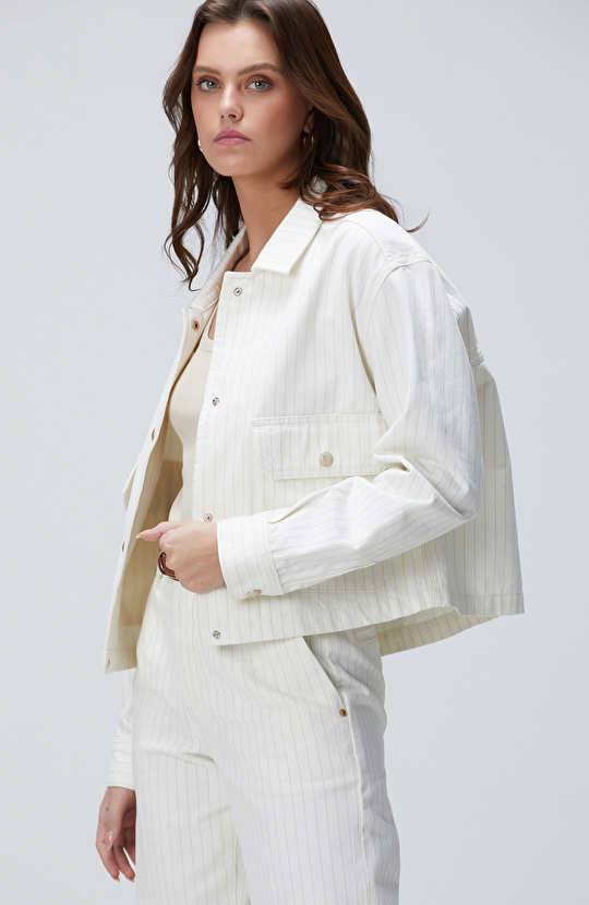 Kırık Beyaz Çizgili Denim Mont