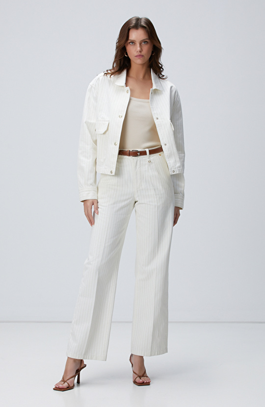 Kırık Beyaz Çizgili Denim Mont