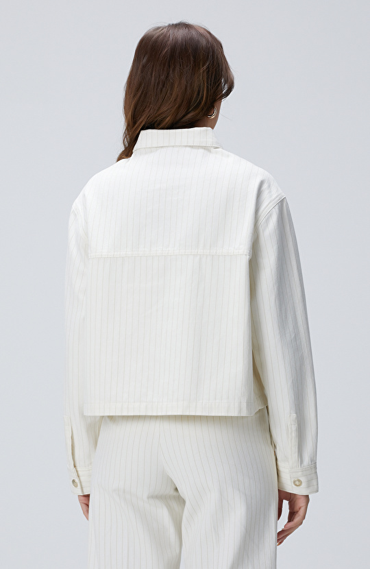 Kırık Beyaz Çizgili Denim Mont