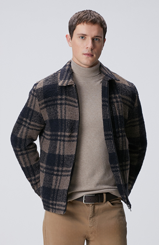 Kahverengi Ekoseli Yün Karışımlı Mont