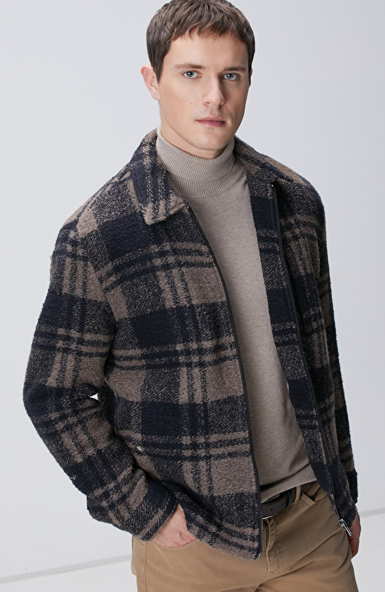 Kahverengi Ekoseli Yün Karışımlı Mont