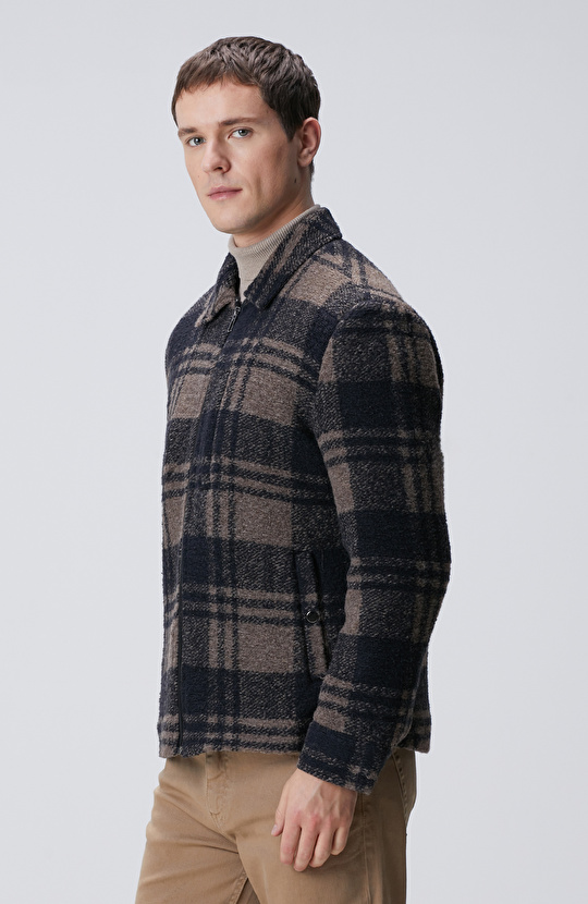 Kahverengi Ekoseli Yün Karışımlı Mont