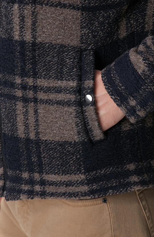 Kahverengi Ekoseli Yün Karışımlı Mont