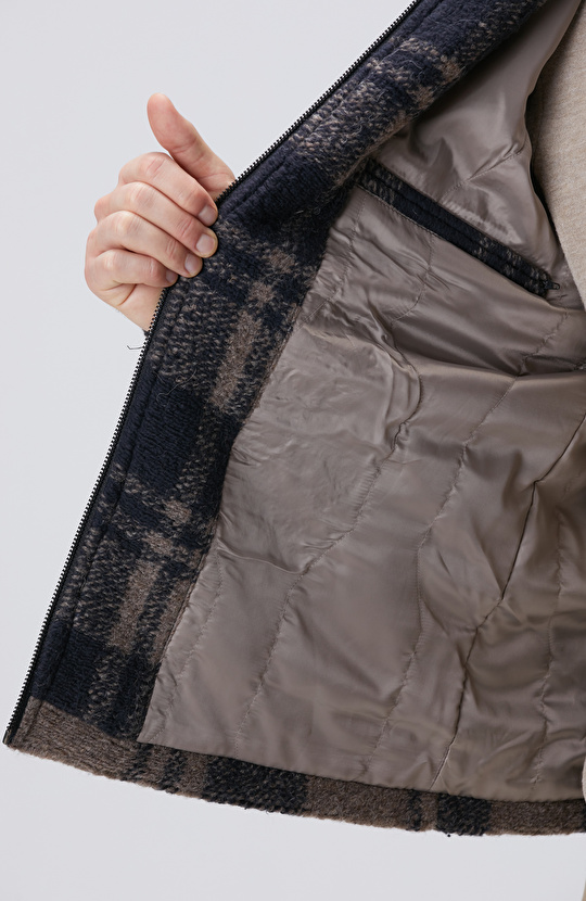 Kahverengi Ekoseli Yün Karışımlı Mont