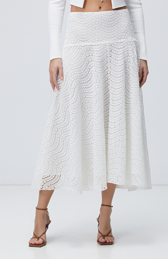 Beyaz Güpürlü Midi Etek