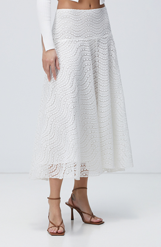 Beyaz Güpürlü Midi Etek