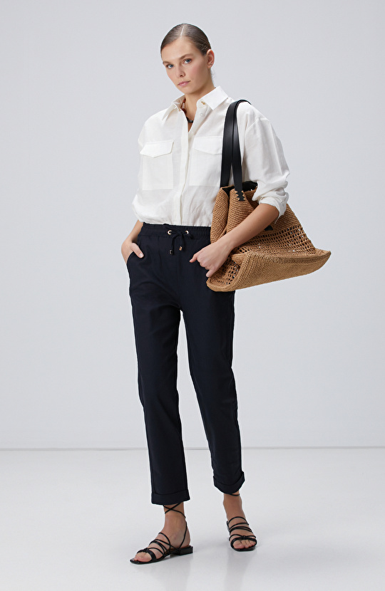 Lacivert Keten Karışımlı Casual Pantolon