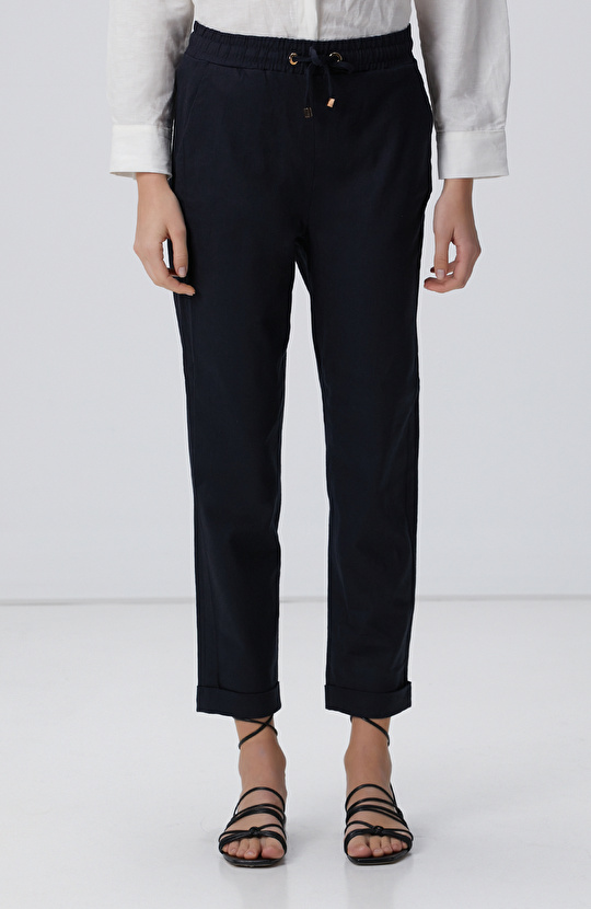 Lacivert Keten Karışımlı Casual Pantolon