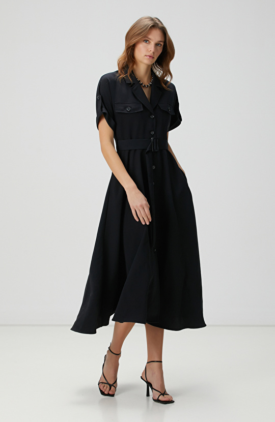 Siyah Diyagonal Desenli Midi Elbise