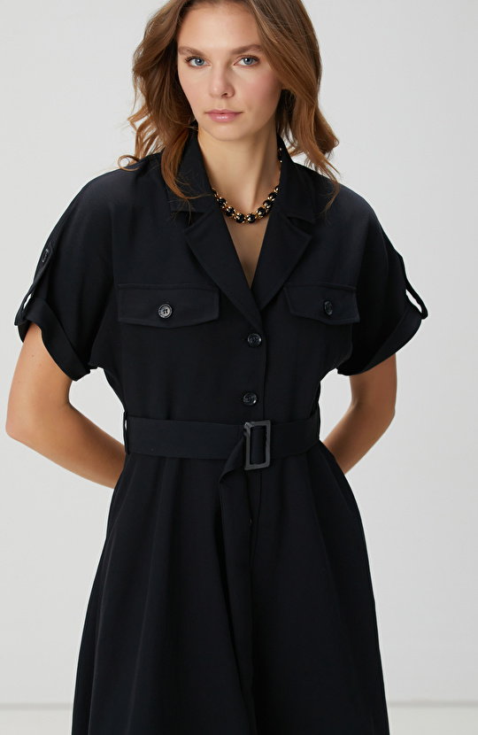 Siyah Diyagonal Desenli Midi Elbise