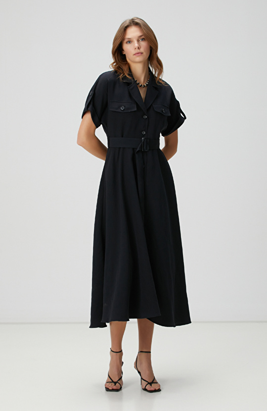 Siyah Diyagonal Desenli Midi Elbise