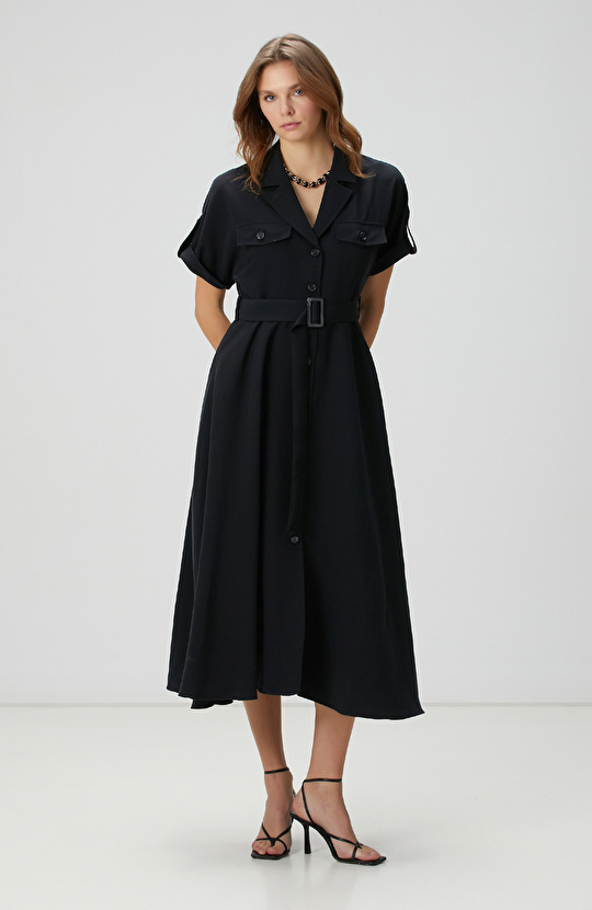 Siyah Diyagonal Desenli Midi Elbise