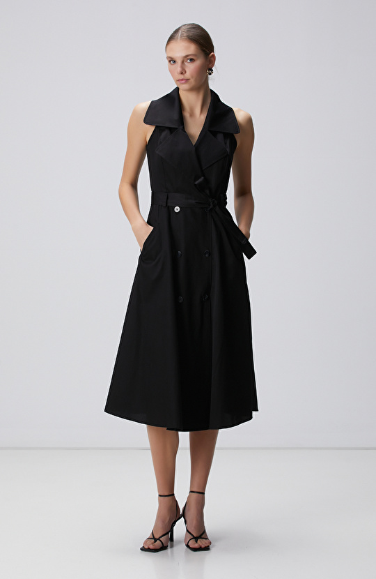 Siyah Midi Kruvaze Elbise