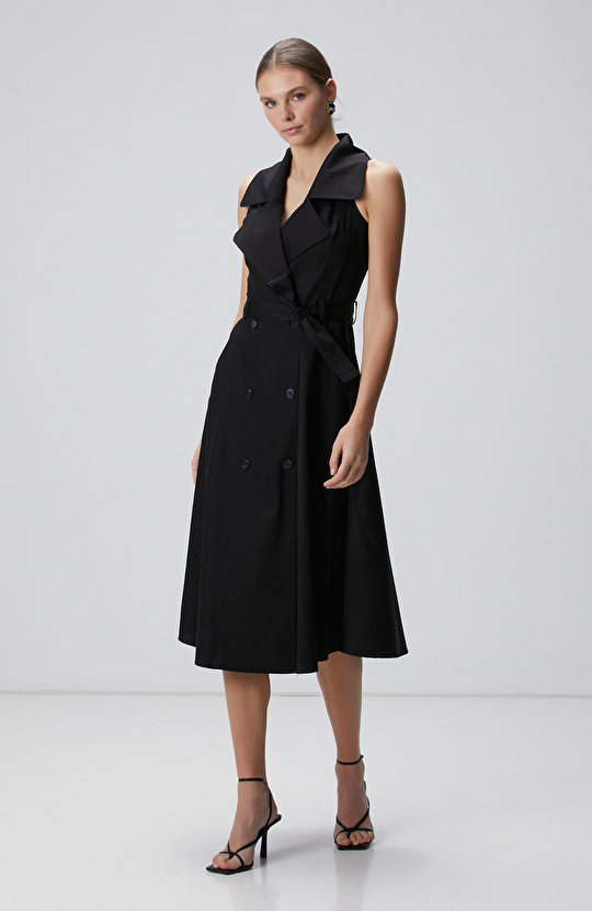 Siyah Midi Kruvaze Elbise