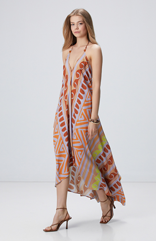 Renkli Desenli Midi Elbise