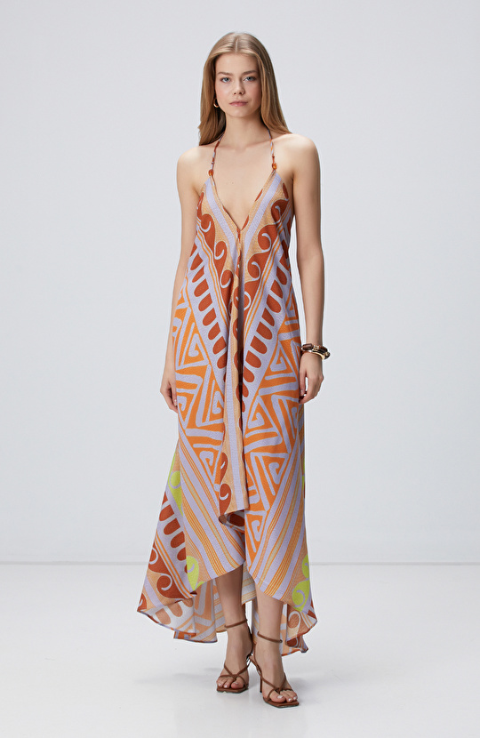 Renkli Desenli Midi Elbise