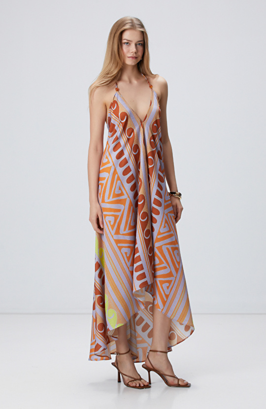 Renkli Desenli Midi Elbise