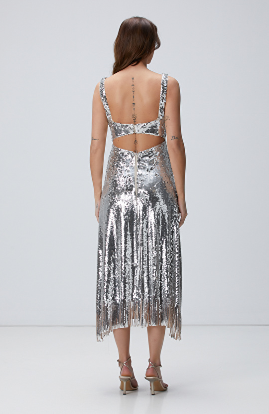 Silver Payetli Midi Abiye Elbise
