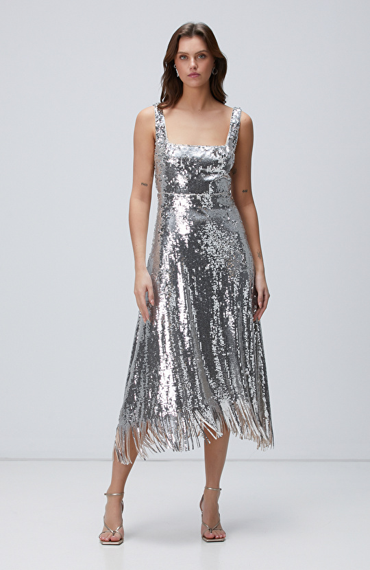 Silver Payetli Midi Abiye Elbise