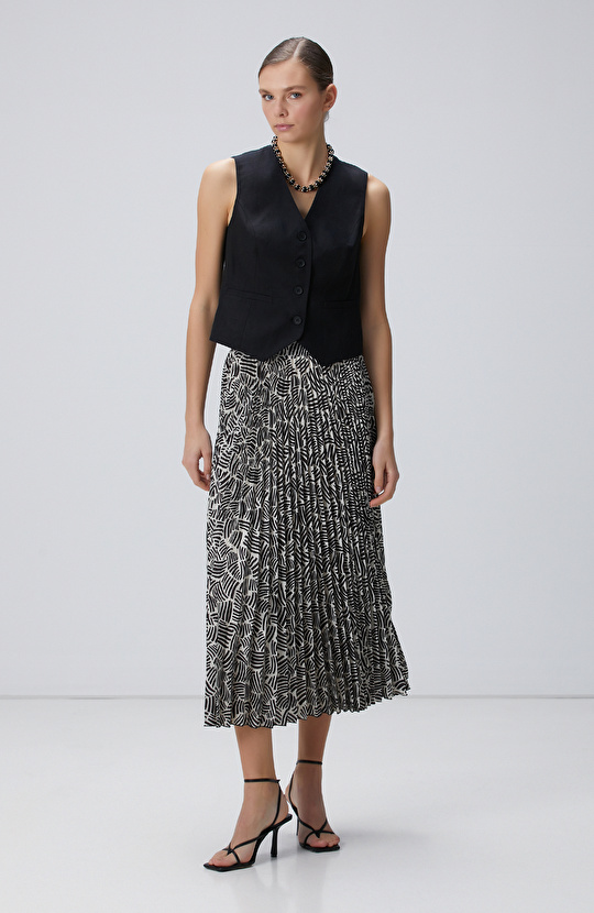 Kırık Beyaz Siyah Desenli Midi Etek