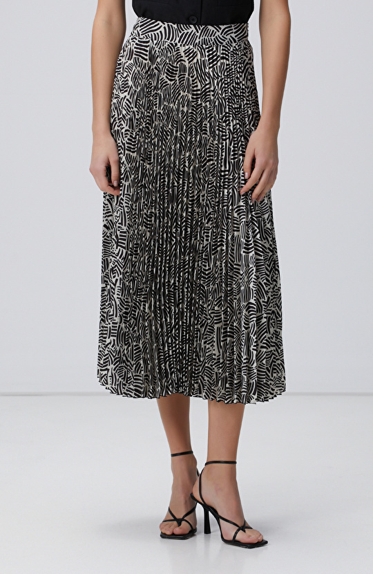 Kırık Beyaz Siyah Desenli Midi Etek