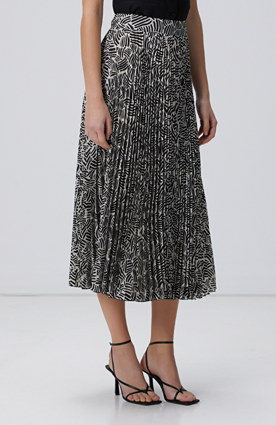 Kırık Beyaz Siyah Desenli Midi Etek